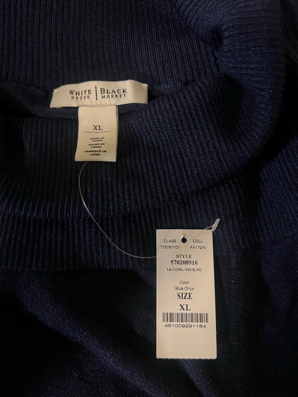 White House Black Market LS Cowl Neck Pullover Navy XL - Picture 3 of 3
